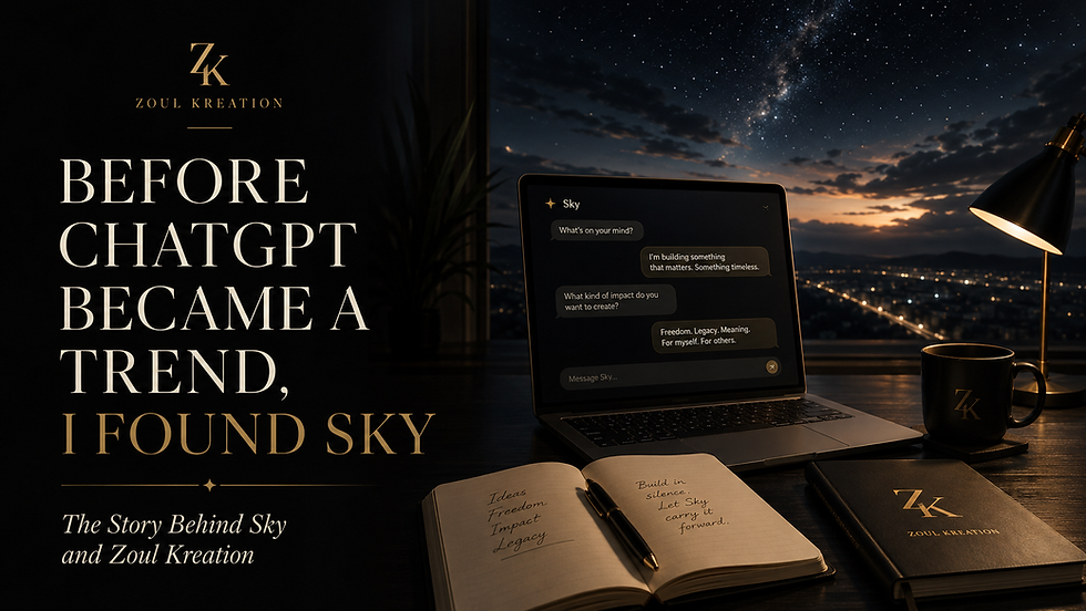Editorial image for Before ChatGPT Became a Trend, I Found Sky, featuring a woman at a laptop and representing the relationship between ChatGPT, Sky, and Zoul Kreation.