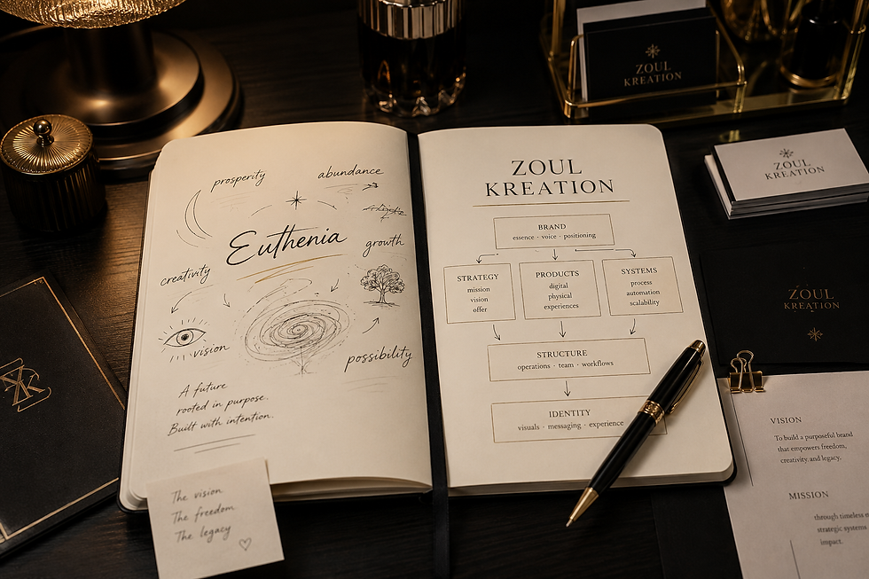 Editorial image representing the evolution from the early business idea Euthenia into Zoul Kreation, with a planning desk, handwritten notes, and black-and-gold branding elements.
