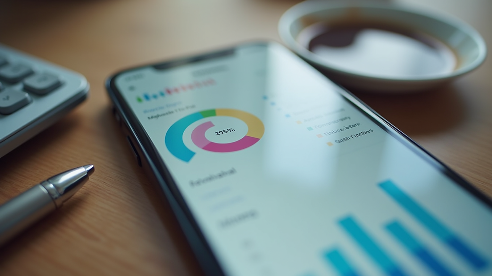 Close-up view of a smartphone showing a bookkeeping app with colorful charts