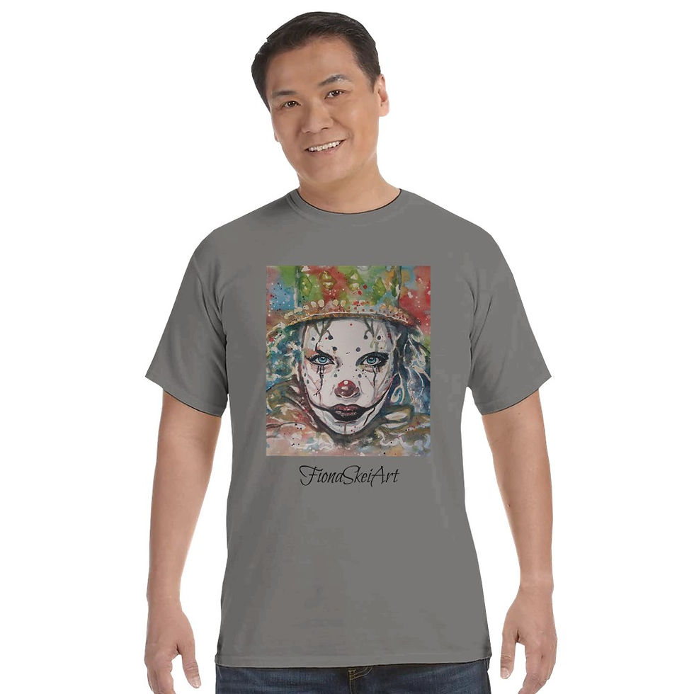 Man wearing gray t-shirt featuring clown art