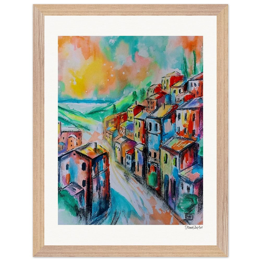 Colorful painting of a hillside village. Fiona Skei Art. Artwork of houses.