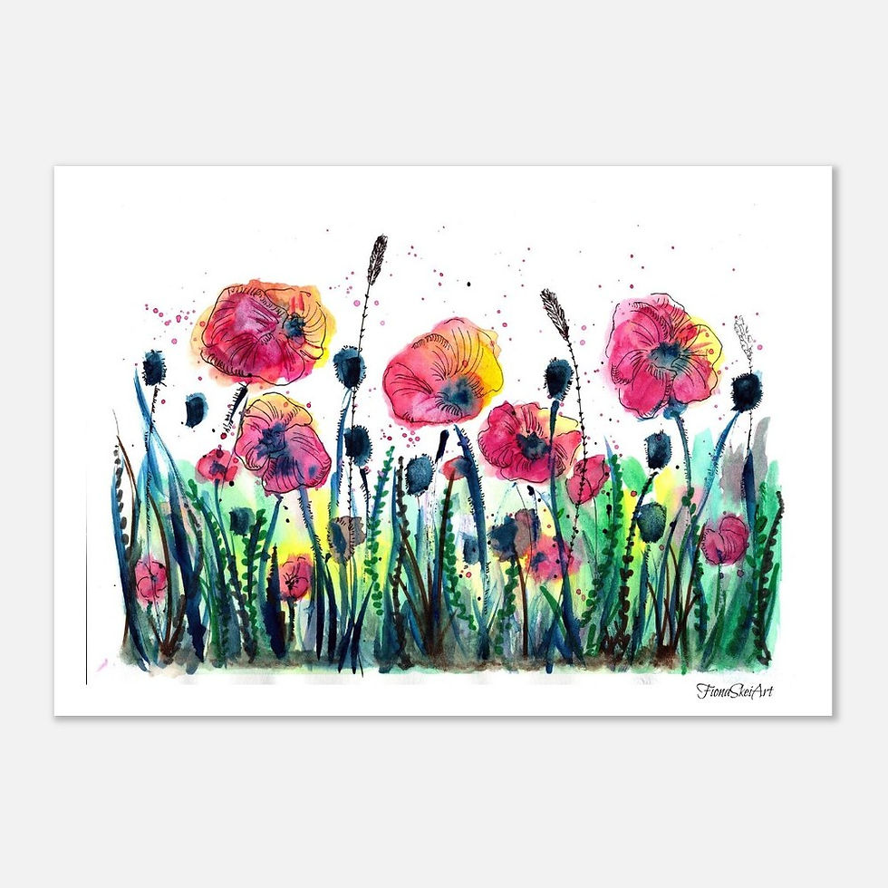Vibrant watercolor poppies in field; Fiona Skei Art