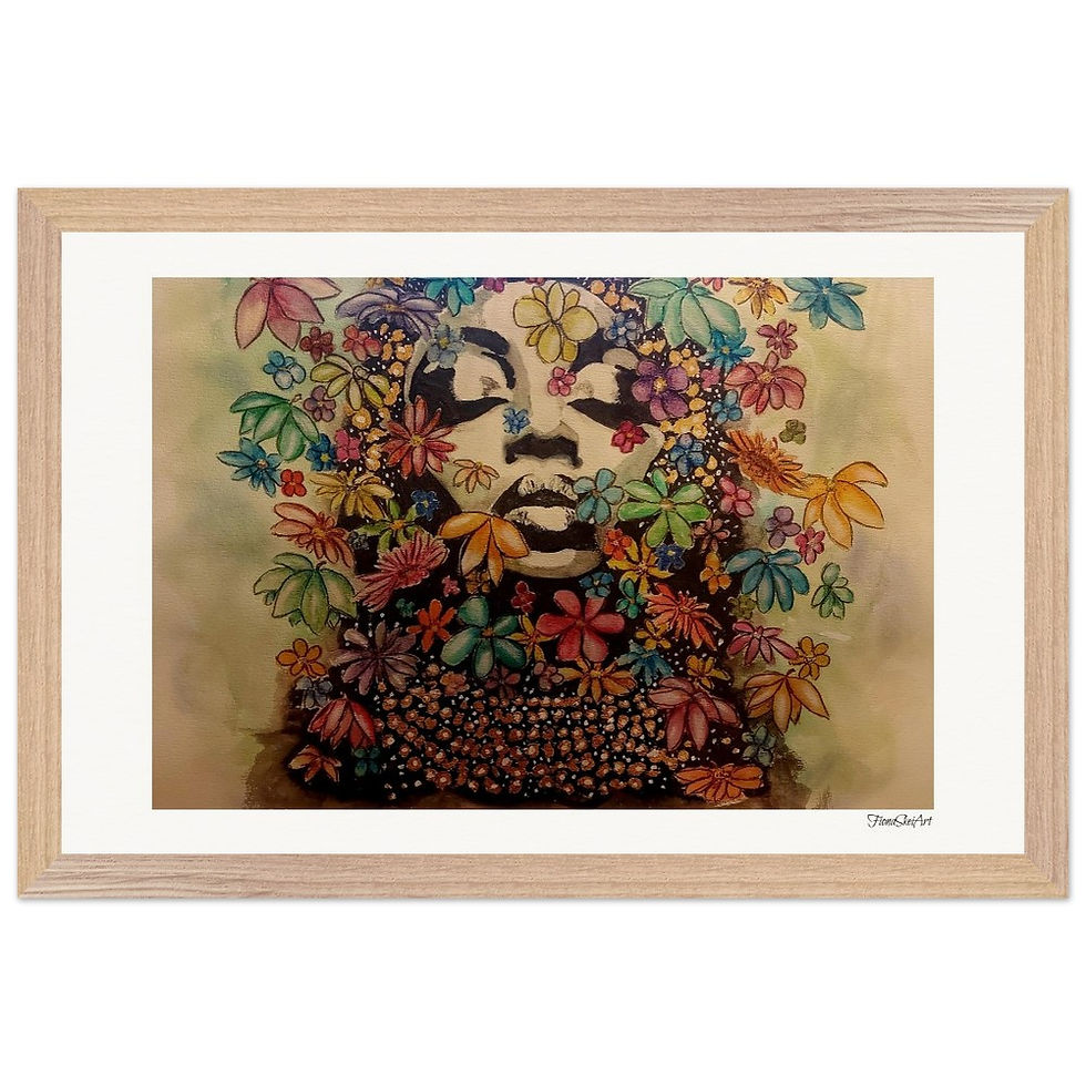 Thumbnail: Floral artwork of a serene woman with flowers, Fiona Skei Art, framed print.