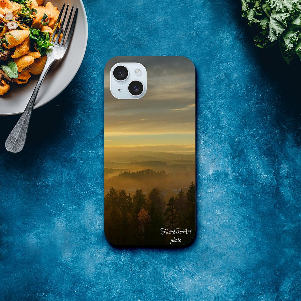 Phone case with misty mountain scene, Fiona Skei Art 2023. Funny Resting Beach Face Phone Case – Stylish & Durable Protection