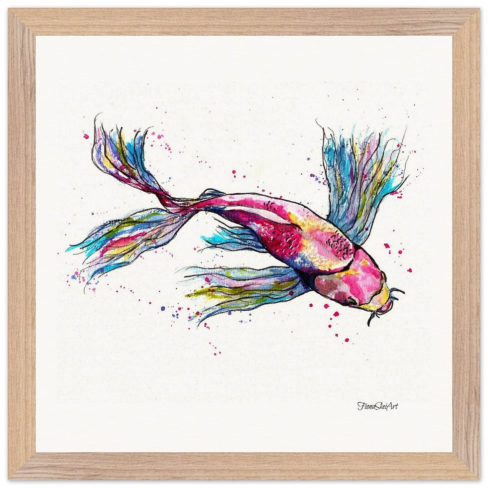 Colorful watercolor koi fish painting, Fiona Skei Art, framed art print.