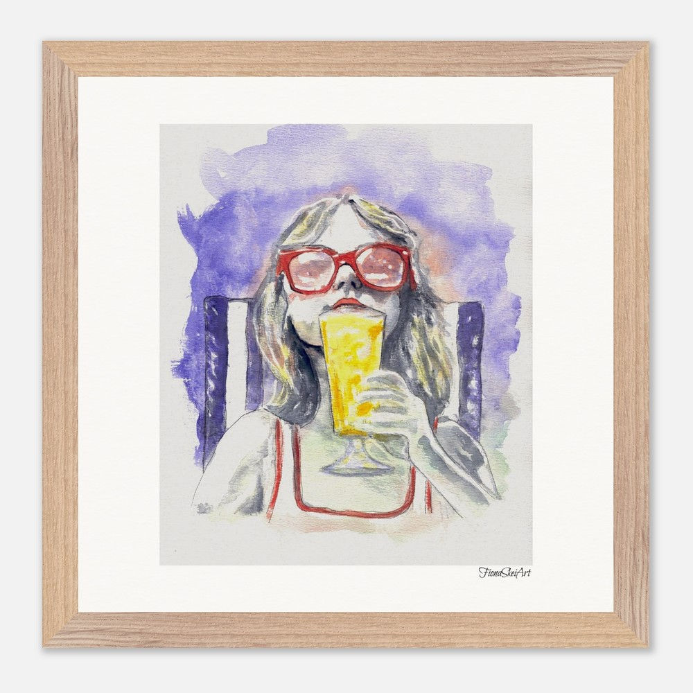 Watercolor painting of a girl with red glasses drinking a beverage. Fiona Skei Art