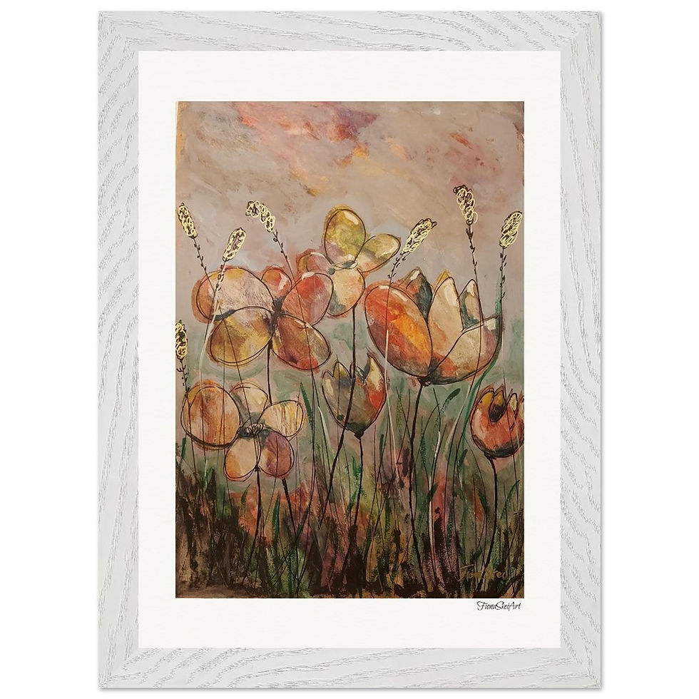 Abstract painting of orange flowers in a field with a white frame. Fiona Skei Art
