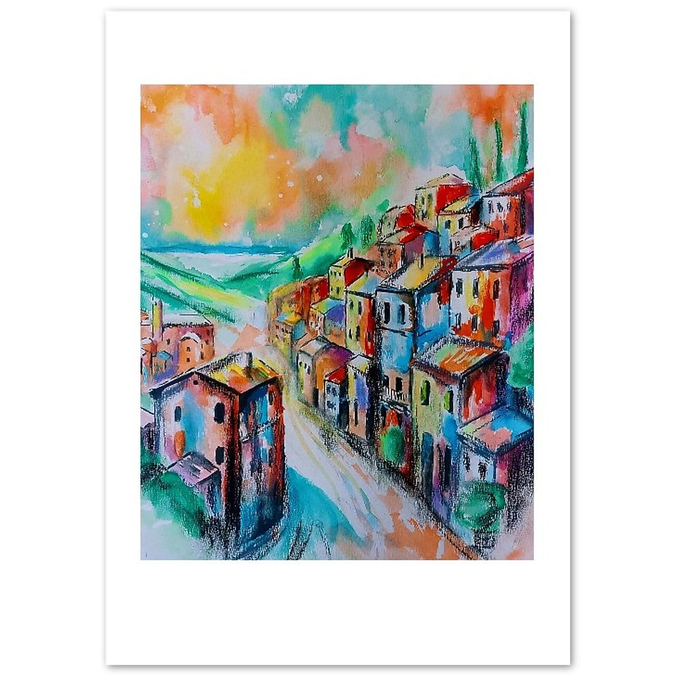Thumbnail: Vibrant painting of colorful coastal village