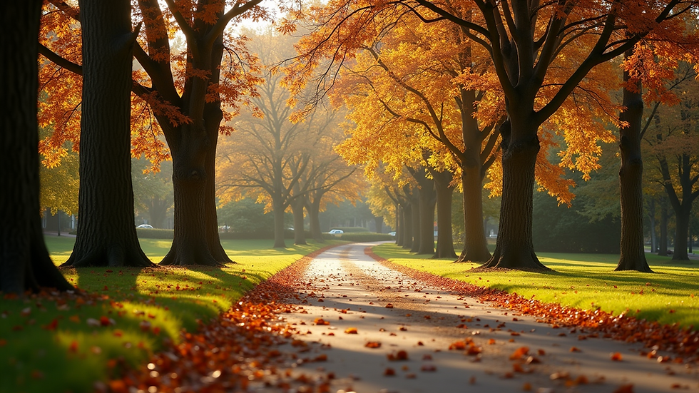 Eye-level view of a running path surrounded by colorful autumn trees
