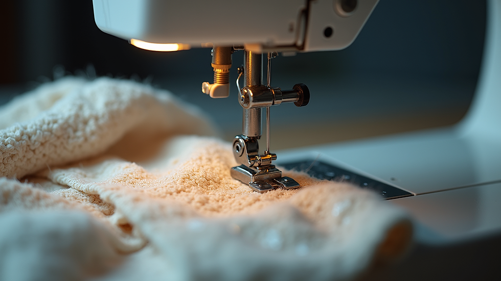 Close-up view of a sewing machine stitching recycled fabric