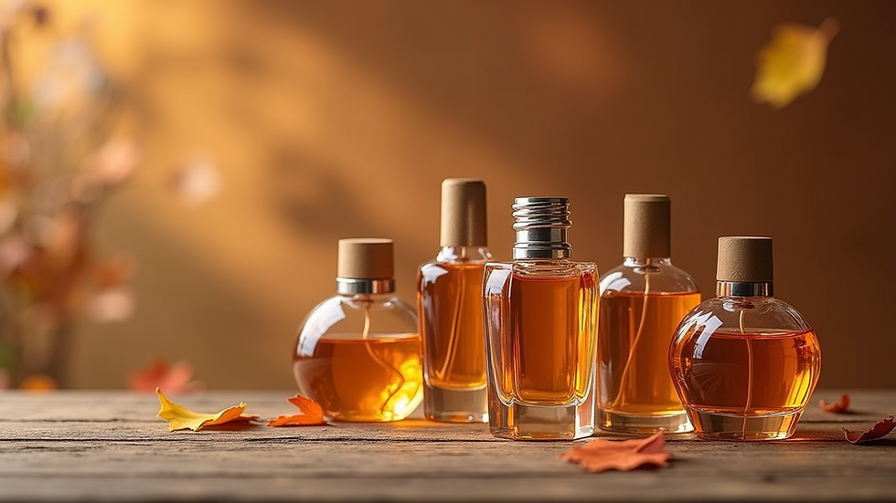 Close-up view of a collection of fall-inspired perfume bottles