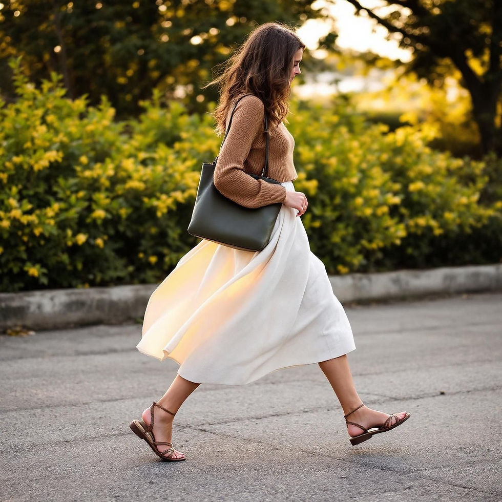 Fluid Motion: The midi skirt captures the season's gentle transition.
