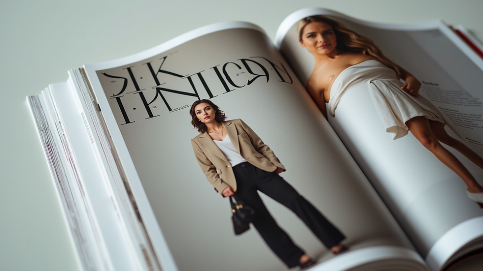 Close-up view of a fashion magazine cover featuring a modern, stylish outfit
