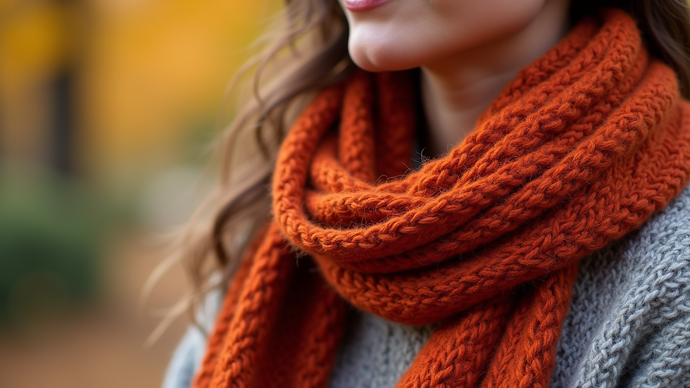 Close-up view of a vibrant autumn scarf draped over a textured sweater