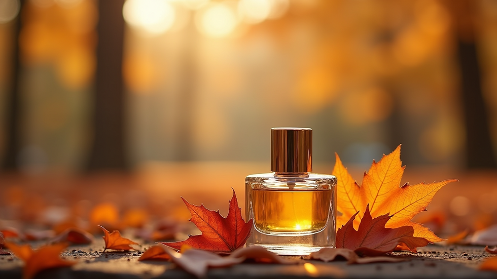 High angle view of a fall-inspired fragrance display with autumn leaves