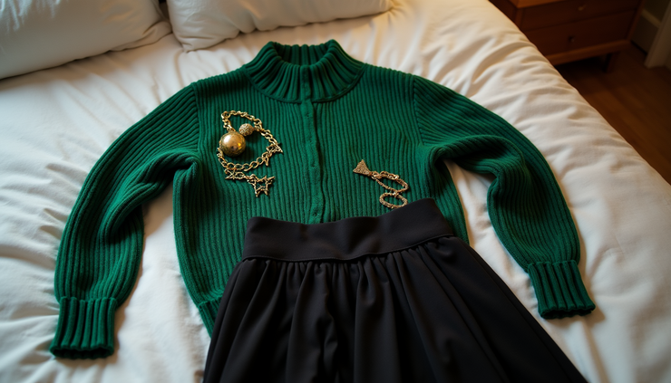High angle view of a festive outfit laid out on a bed including a green knit sweater, black skirt, and gold accessories