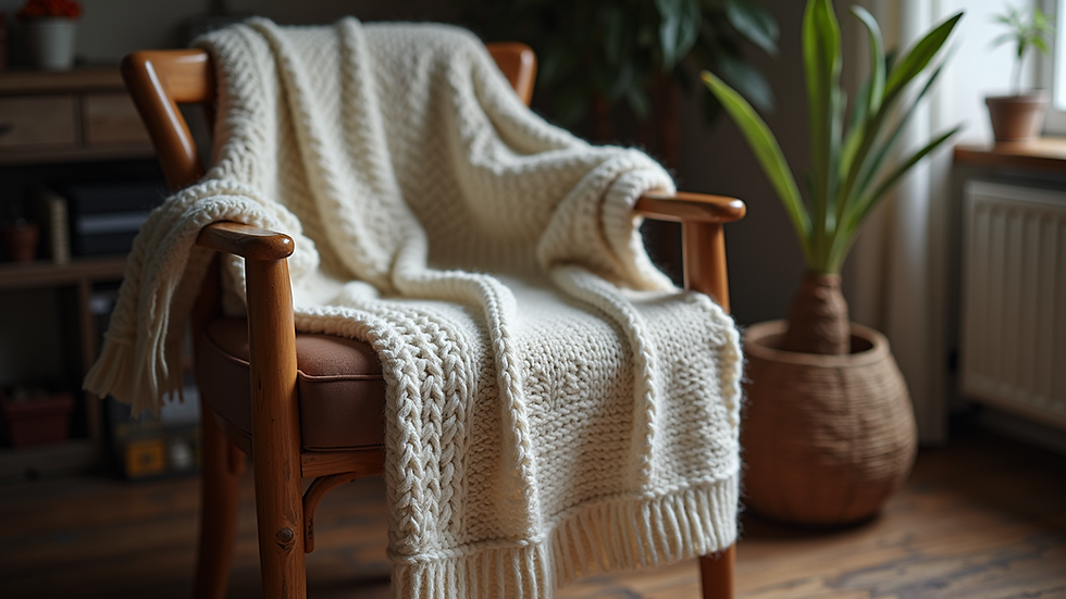 Eye-level view of a cozy knit sweater draped over a rustic wooden chair