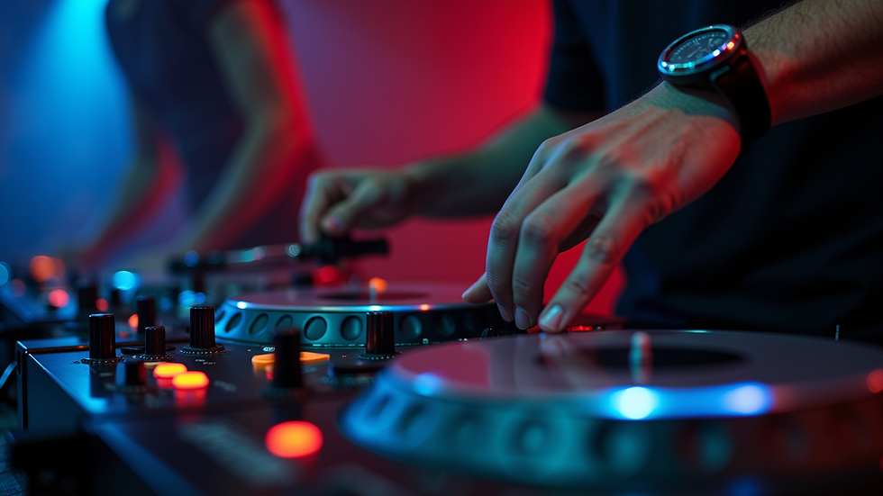 Close-up view of a DJ mixing on turntables