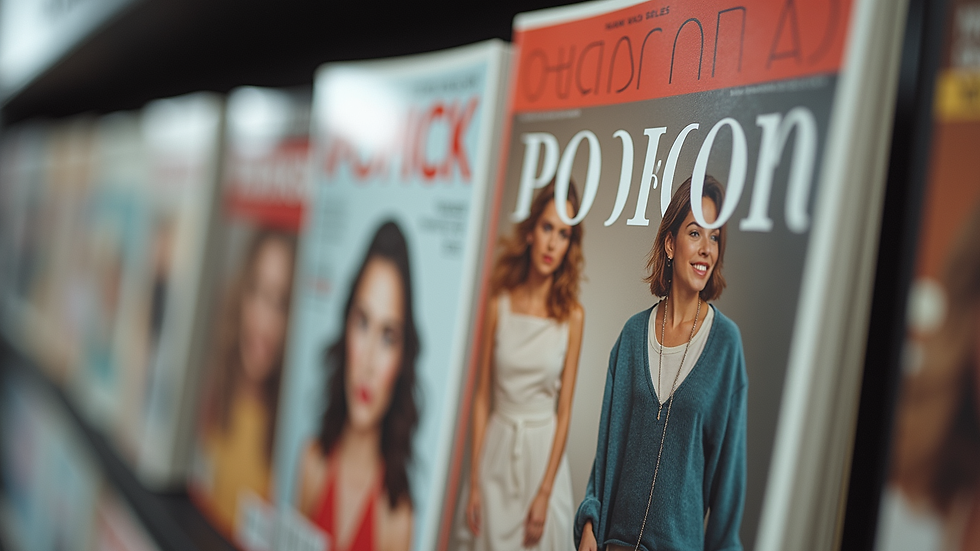 Close-up view of a fashion magazine rack with various titles
