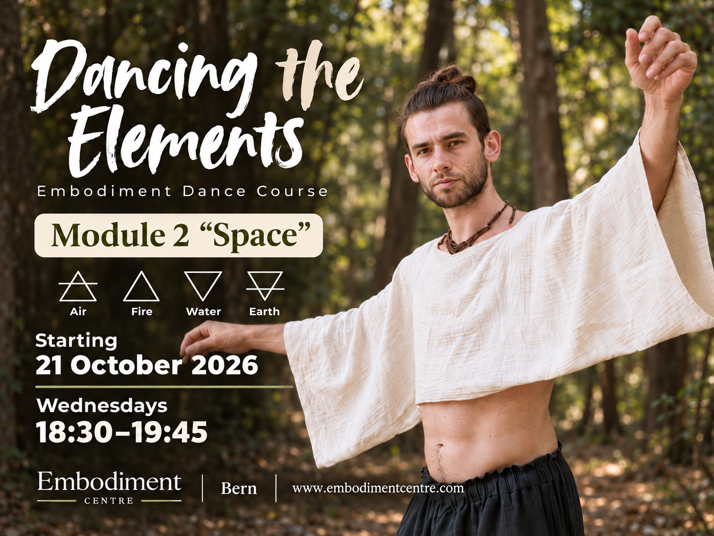 Dancing the Elements — Module 2 Space, starting 21 October 2026, Wednesdays 18:30–19:45 at Embodiment Centre Bern.