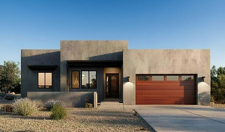 Home with new garage door with windows in Santa Fe, New Mexico