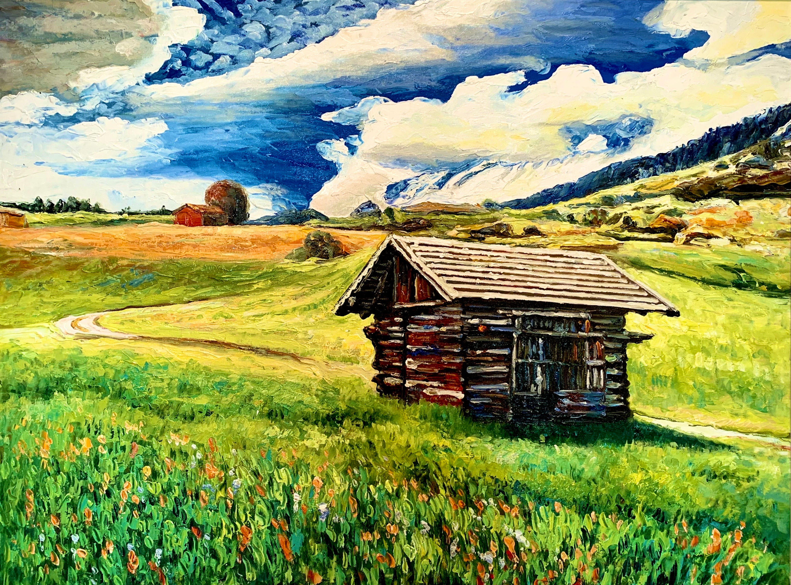 Original Ölbild - Berghütte - Format 60x90 cm