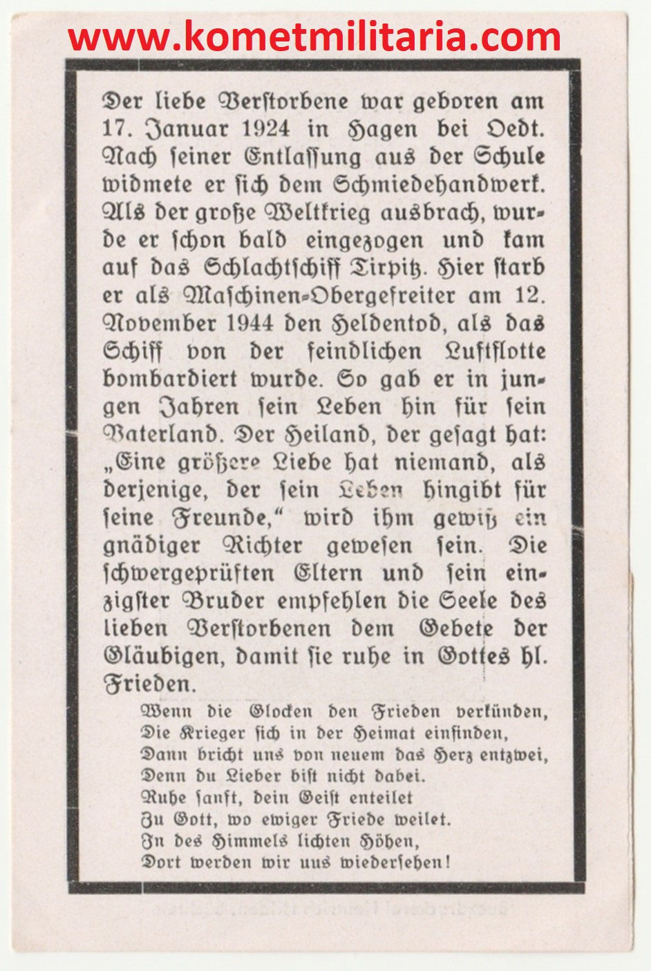 Thumbnail: sterbebild-death card Maschinen-Obergefreiter Schlachtschiff Tirpitz