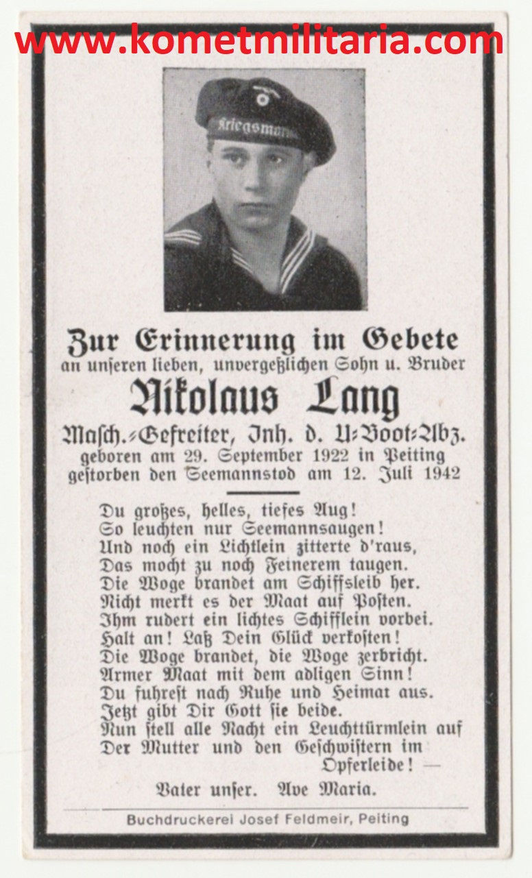 sterbebild-death card Maschinen-Gefr. U-136 KIA 12.07.1942 west of Madeira