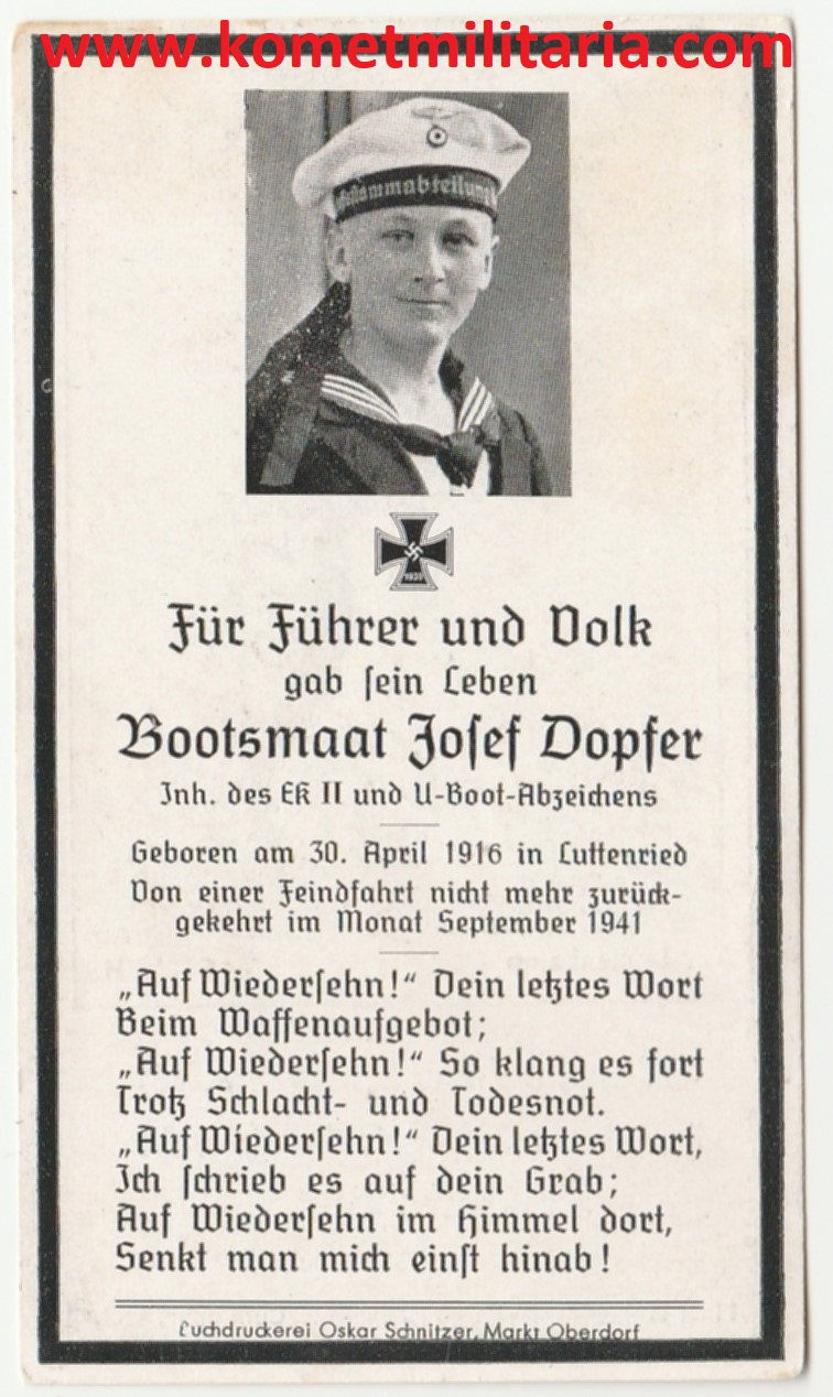 Sterbebild-death card U-Boat (U702) Bootsmaat 1941