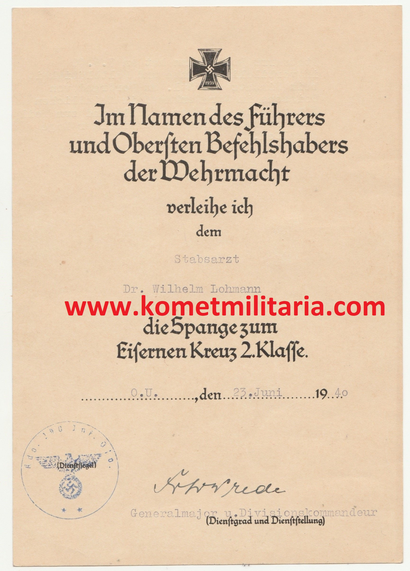 Urkunde Spange zum Eisernes Kreuz 2.Klasse Stabsarzt Frankreich 1940