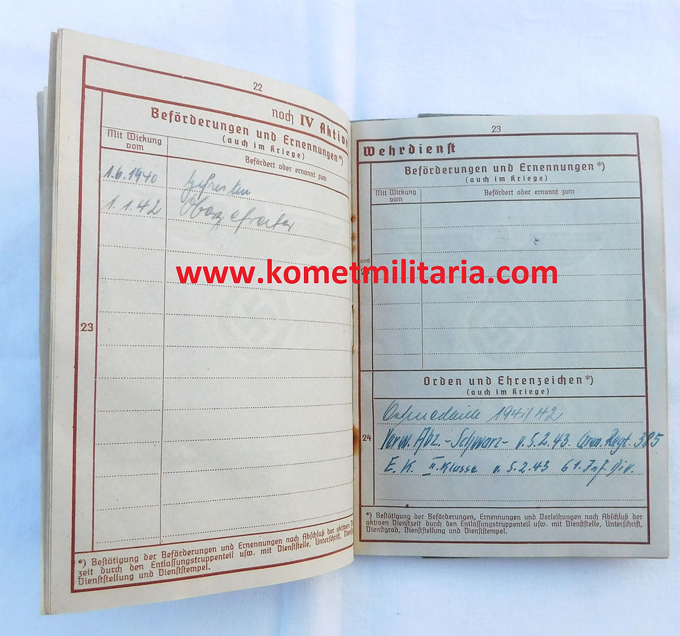 Thumbnail: Wehrpass Obgfr. 3 awards Infanterie Rgt. 385 KIA  Karbusselj, Schlüsselburg 1943