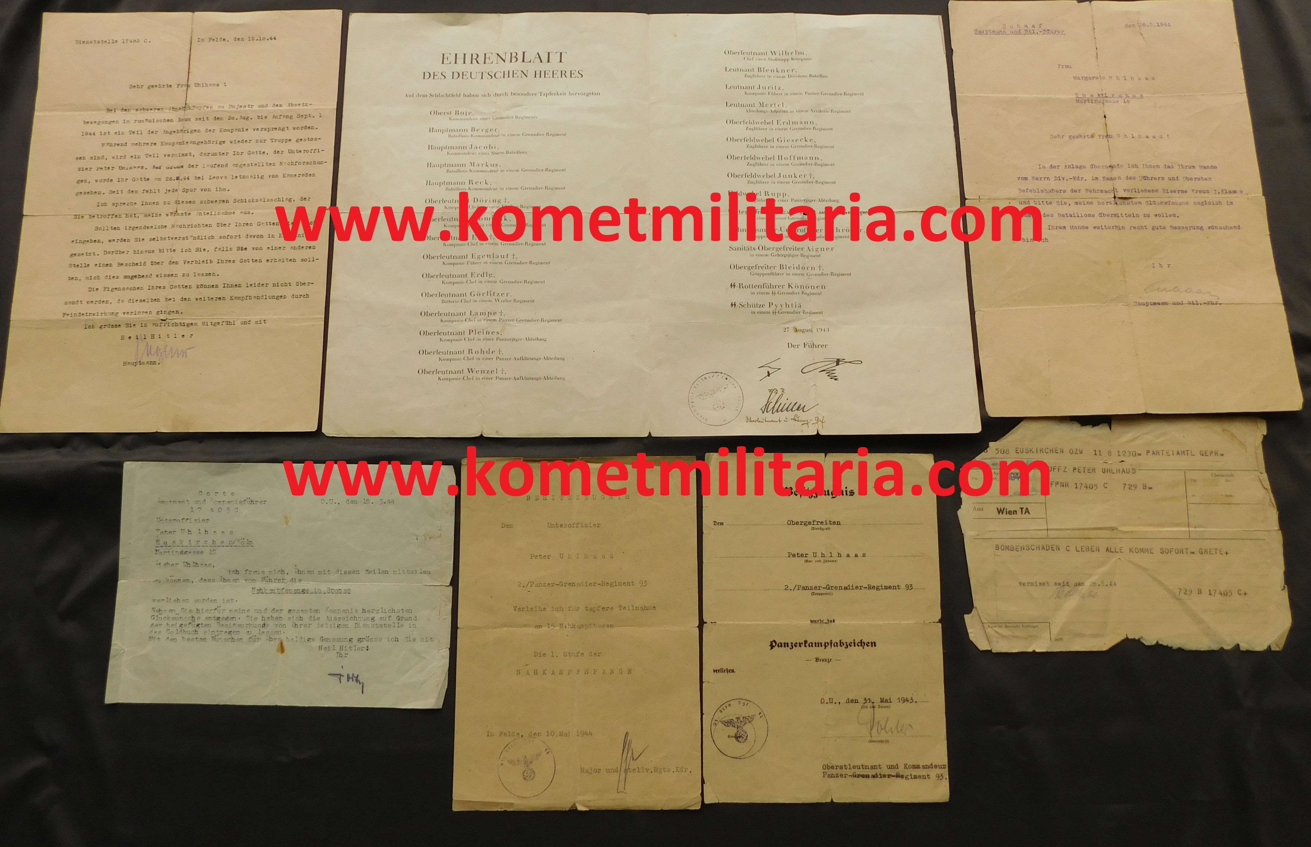 Urkunde Nahkampfspange i. Bronze+Panzerkampfabz.+ Ehrenblatt Pz-Grenadier-Rgt 93