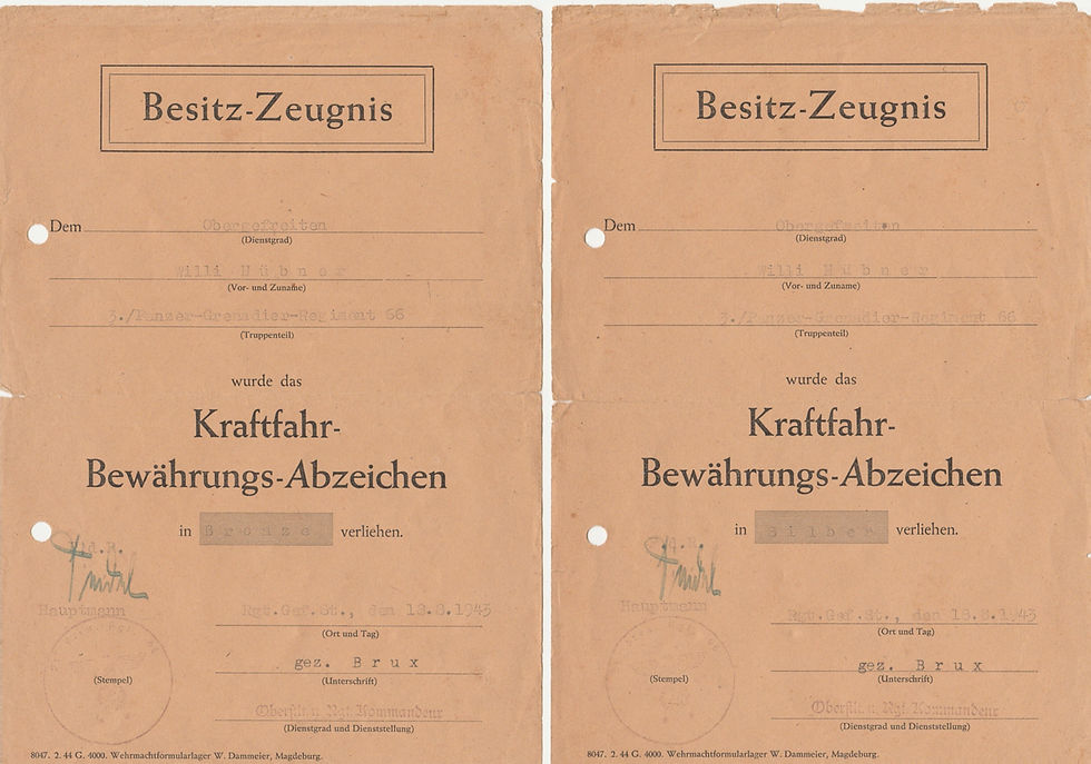 Award Documet set Kraftfahr-Bewährungsabzeichen 3./Panzer Grenadier Regiment 66