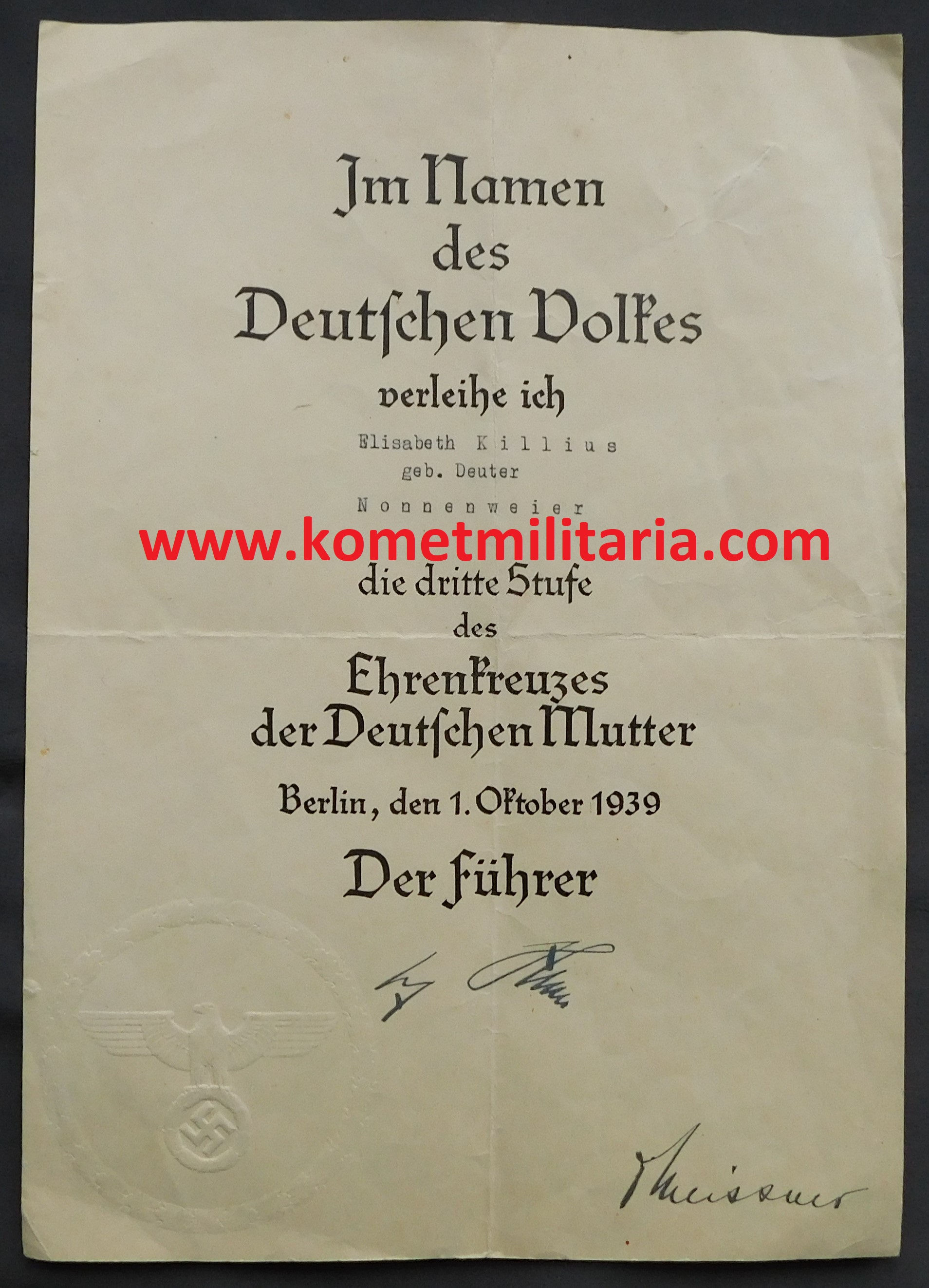 Urkunde Mutterkreuz in Bronze, 1. Oktober 1939, Nonnenweier