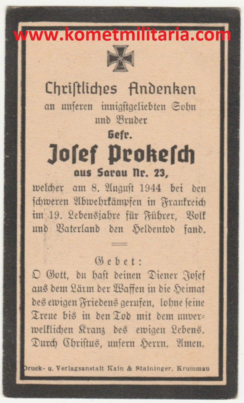 Thumbnail: sterbebild-death card Gefreiter Normandie 1944