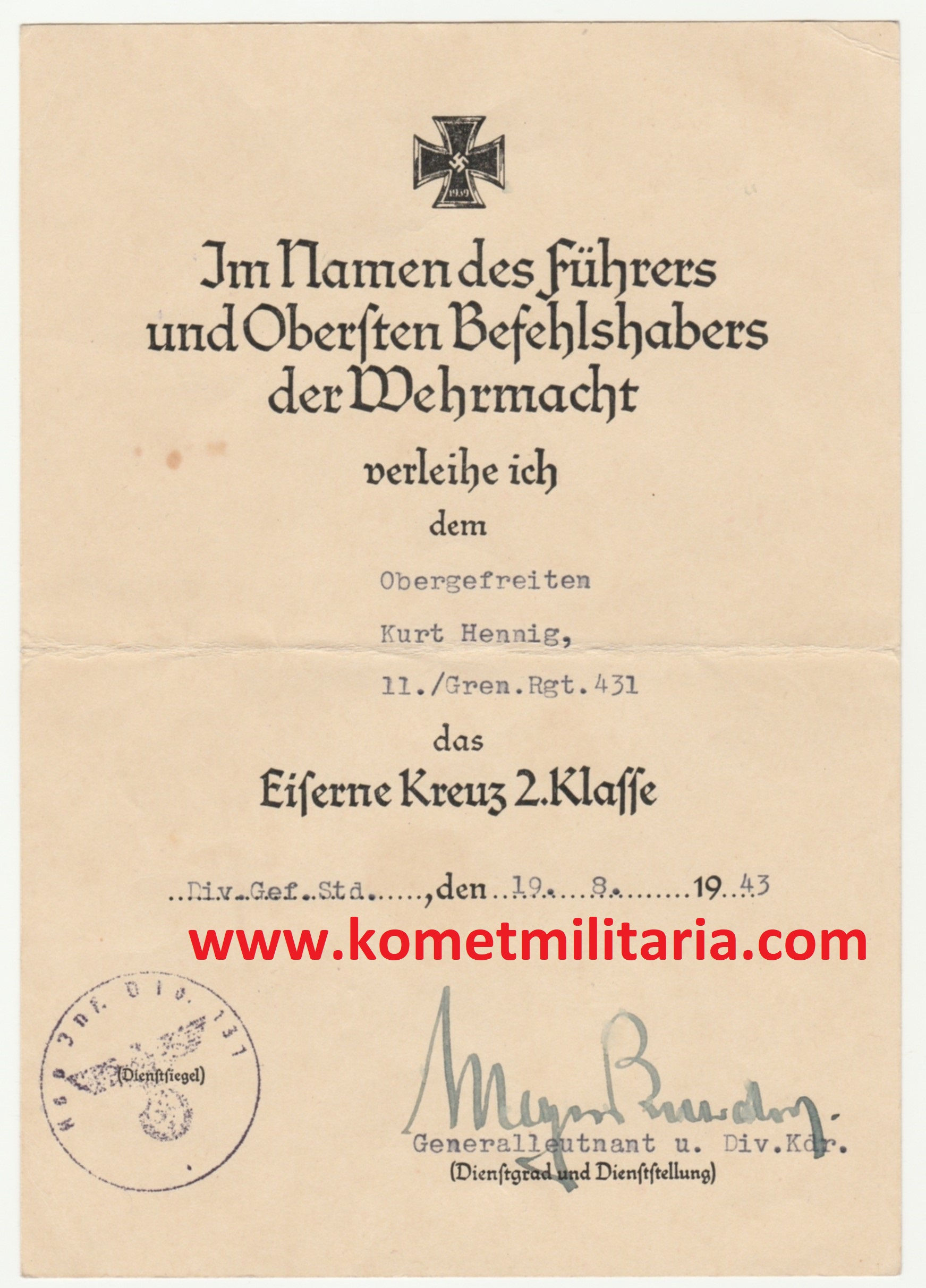 Urkunde EK2 Grenadier Regiment 431 Originalunterschrift Meyer-Bürdorf