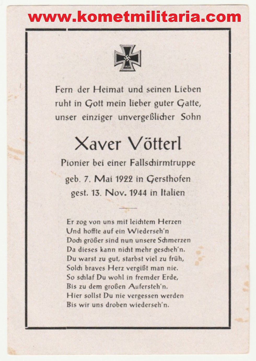 Thumbnail: Sterbebild-death card Fallschirmjäger Pionier (15. FJR) KIA Italy 1944