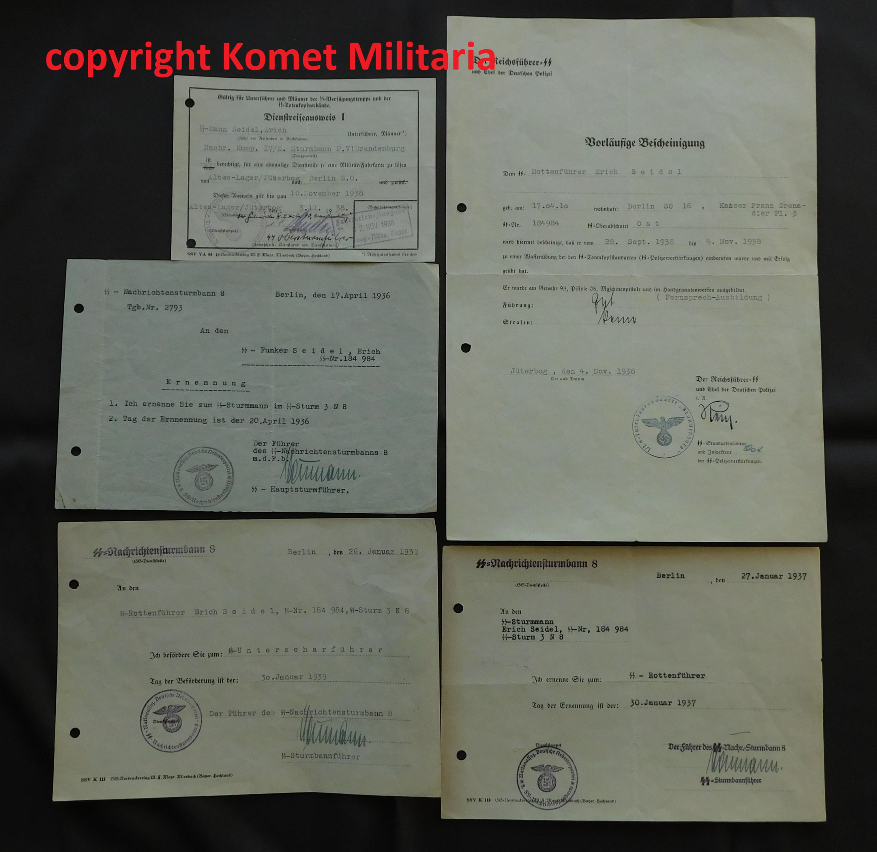 Early SS Document Grouping  Unterscharführer of SS Nachrichtensturmbann 8