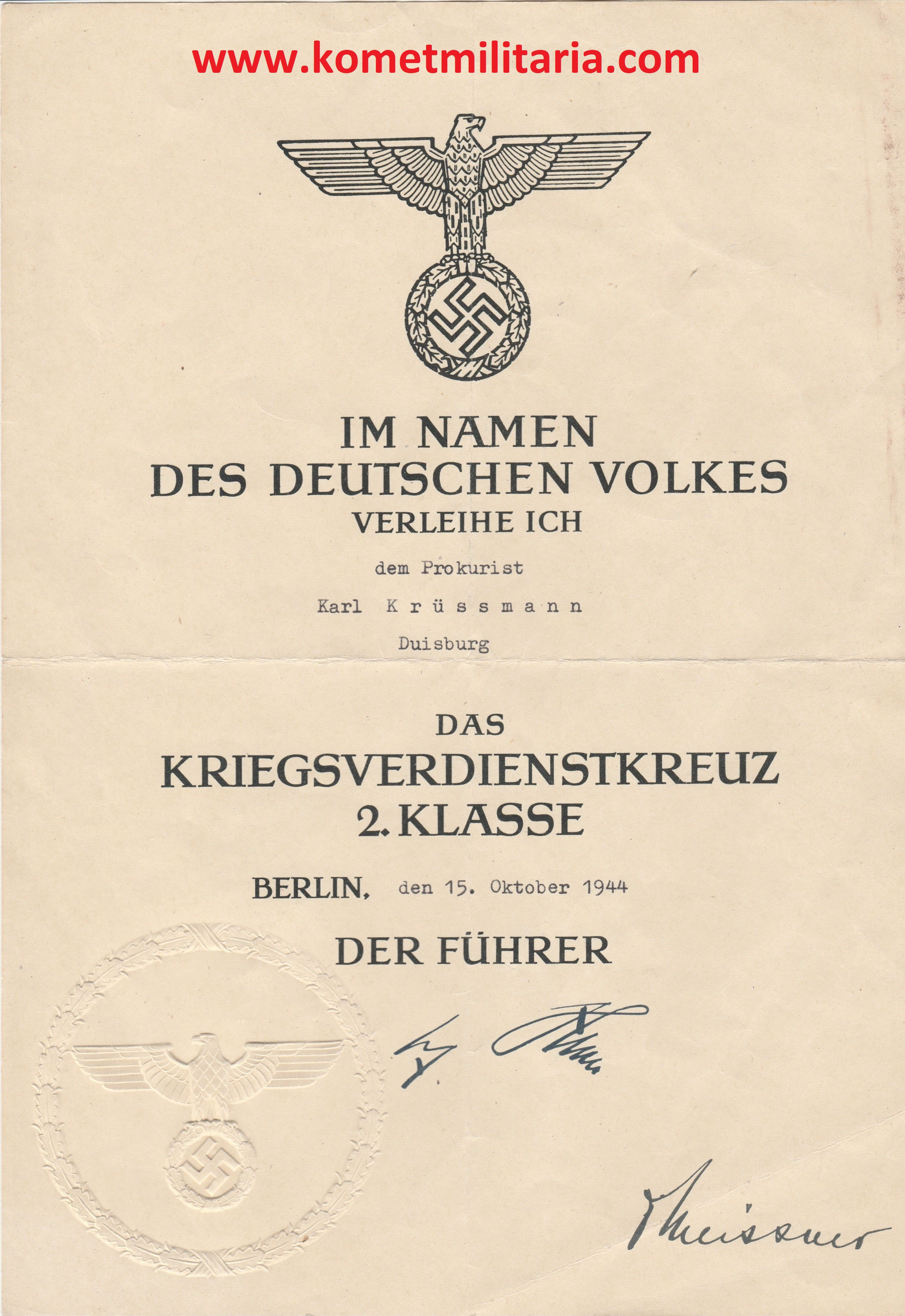 Urkunde Kriegsverdienstkreuz 2.Klasse ohne Schwerter 1944 Duisburg