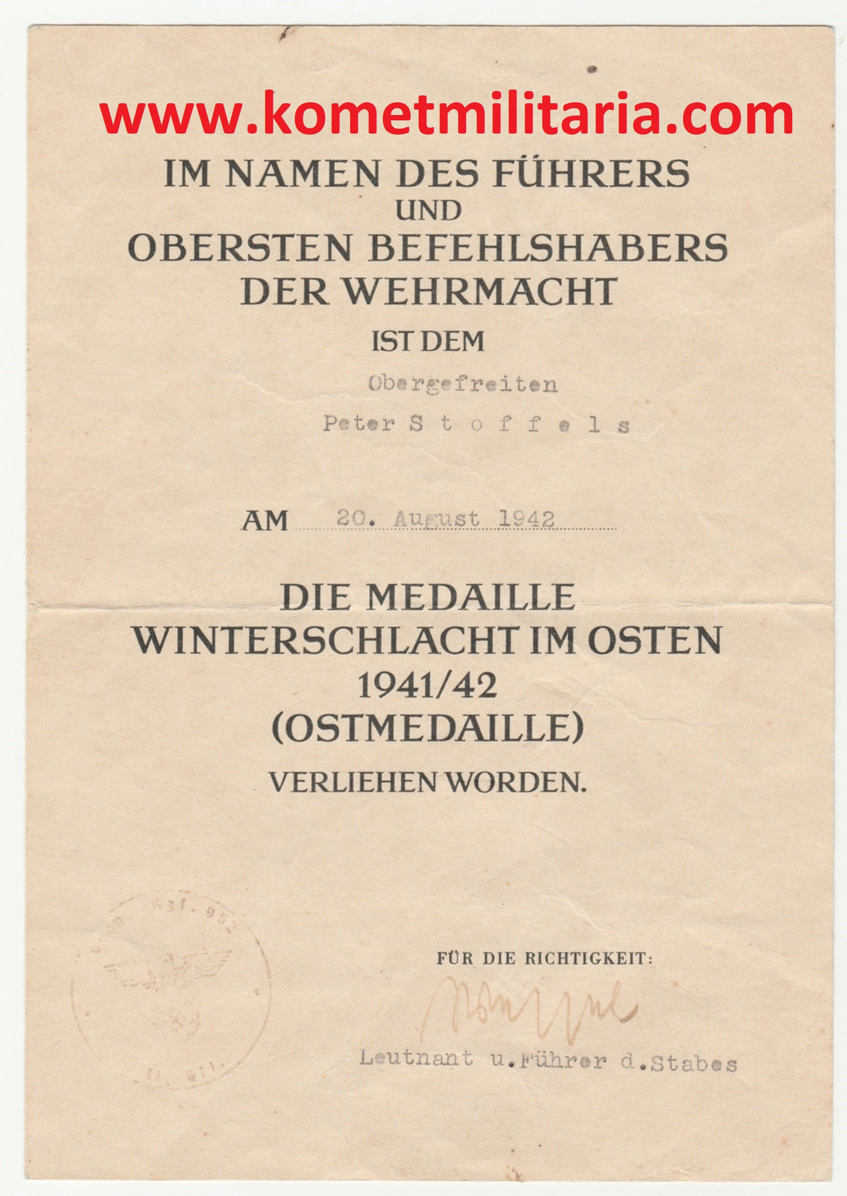 Urkunde Ostmedaille Grenadier Regiment 952