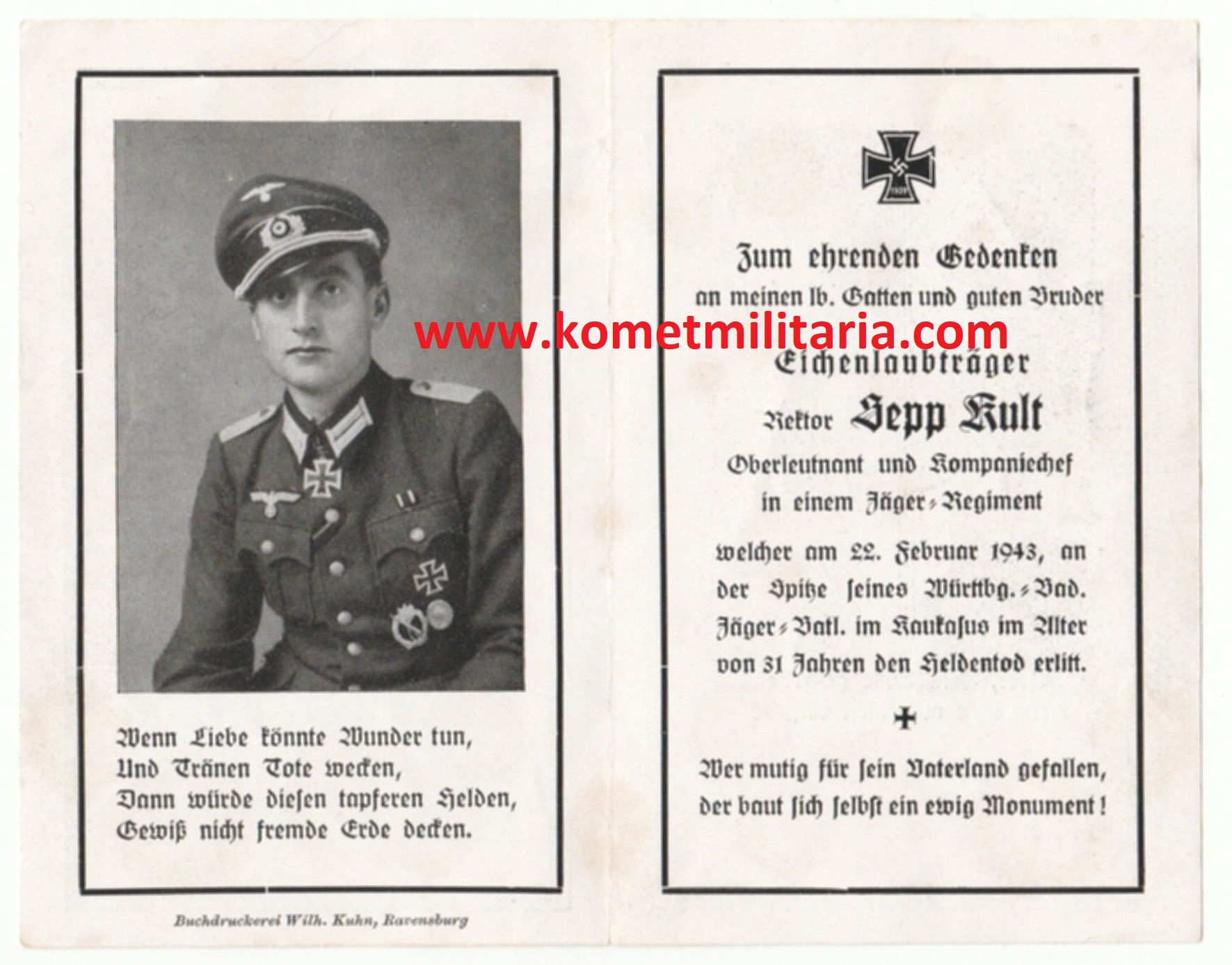 sterbebild-death card Eichenlaubträger  Oberleutnant Sepp Kult
