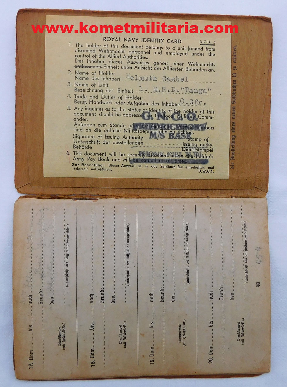 Thumbnail: Soldbuch Funk-Obgfr. 1. Funk-Mess-Abt., Begleitschiff "Tanga"- Admiral Ostland