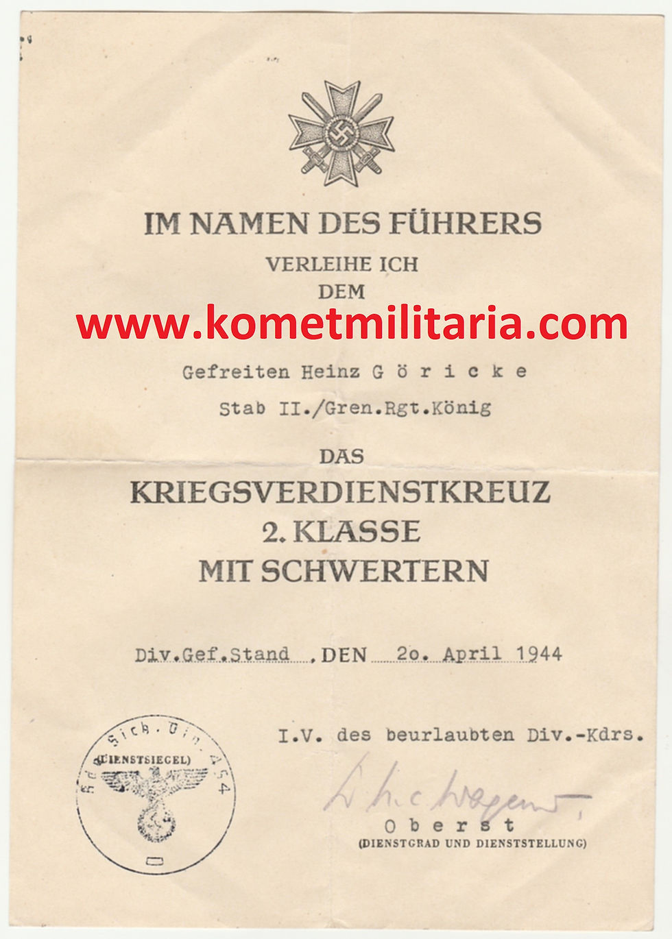 Urkunde Kvk 2. Klasse mit Schwertern Grenadier Rgt. 1061 "König"