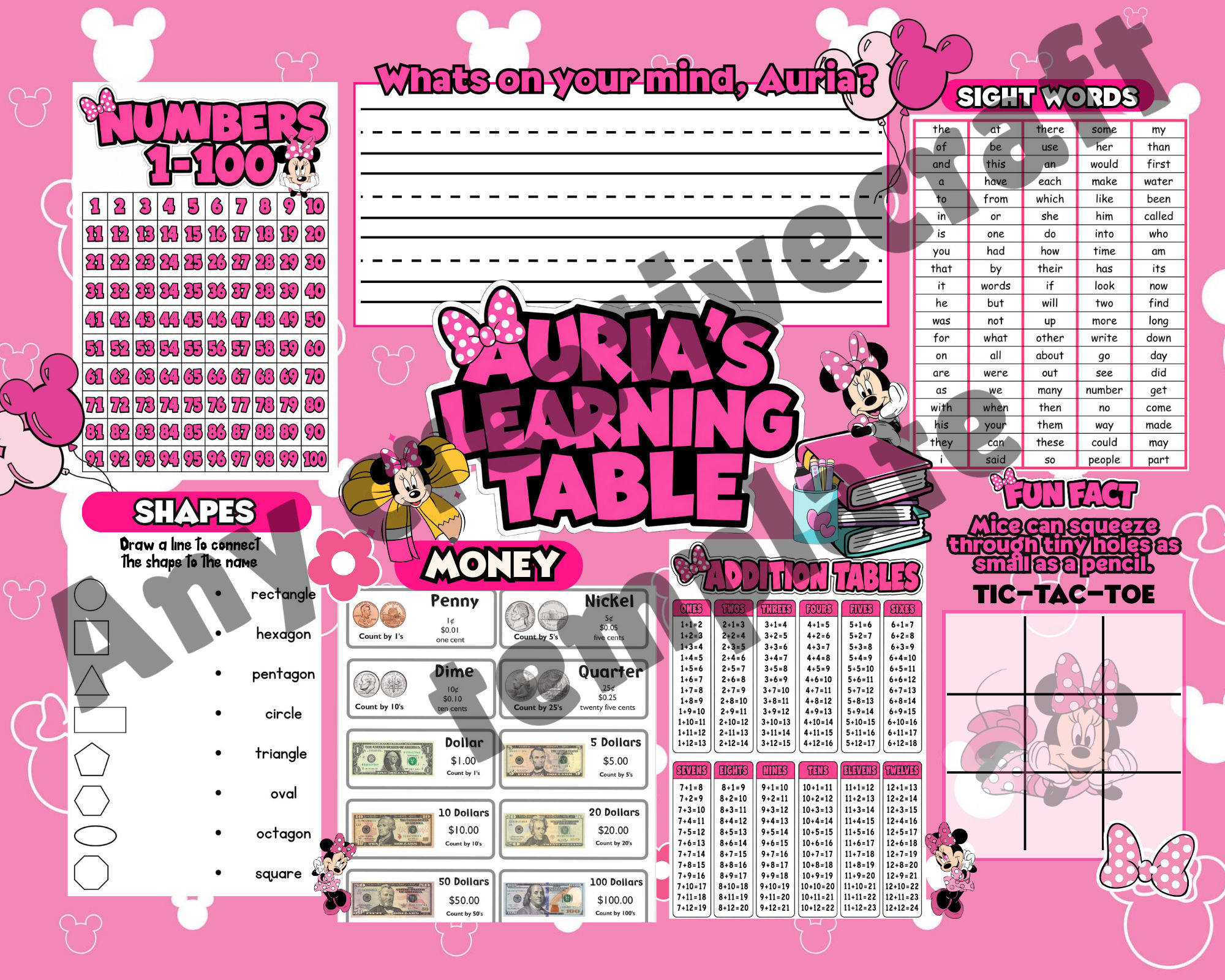 Minnie Mouse Learning Table Template – Instant Download