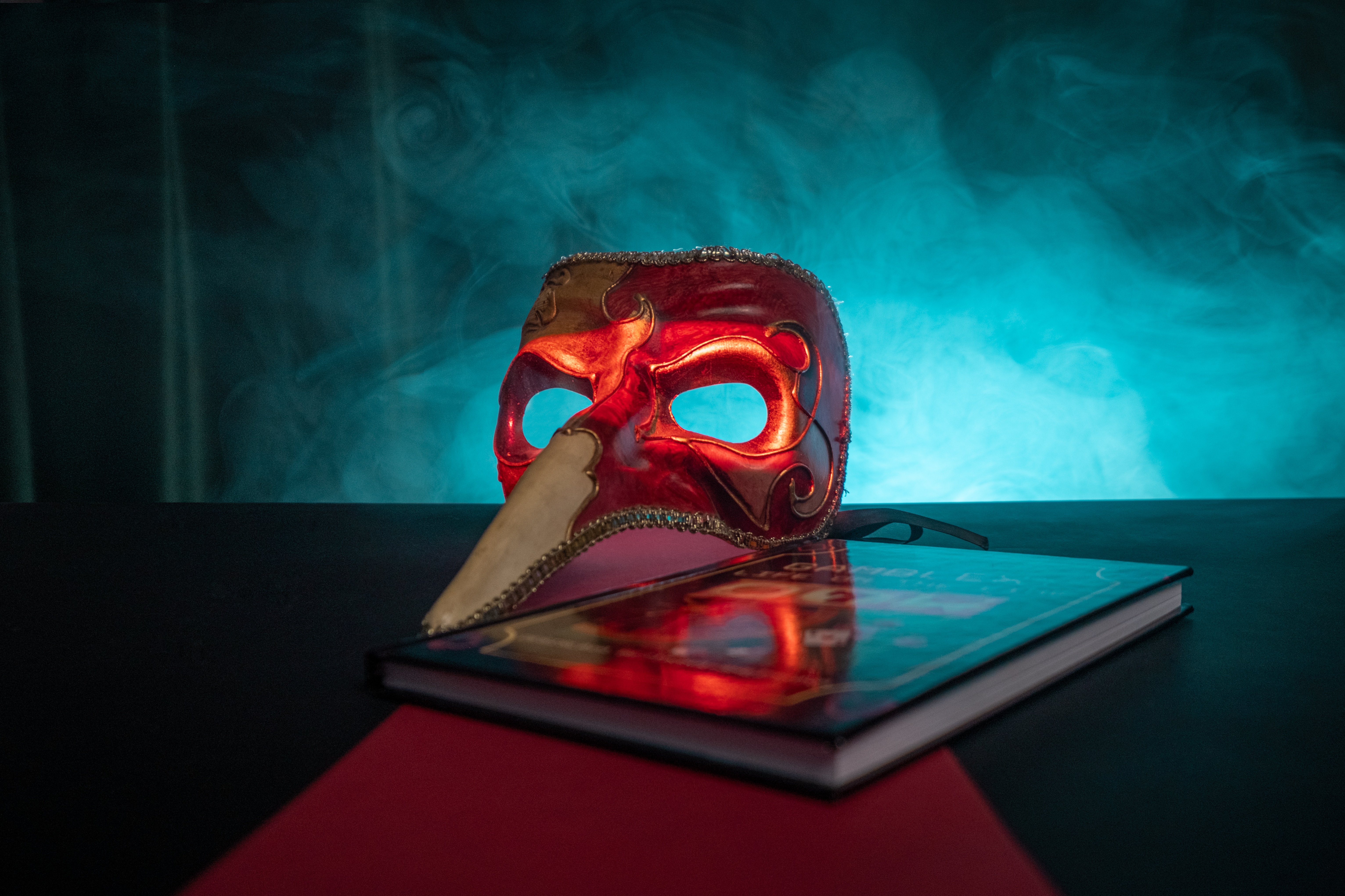  A red and gold Venetian mask with intricate details and a long nose lies next to the book "GambleX: Life on the Line