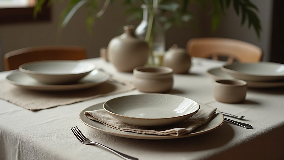 Close-up view of a rustic table setting with stoneware plates and linen napkins