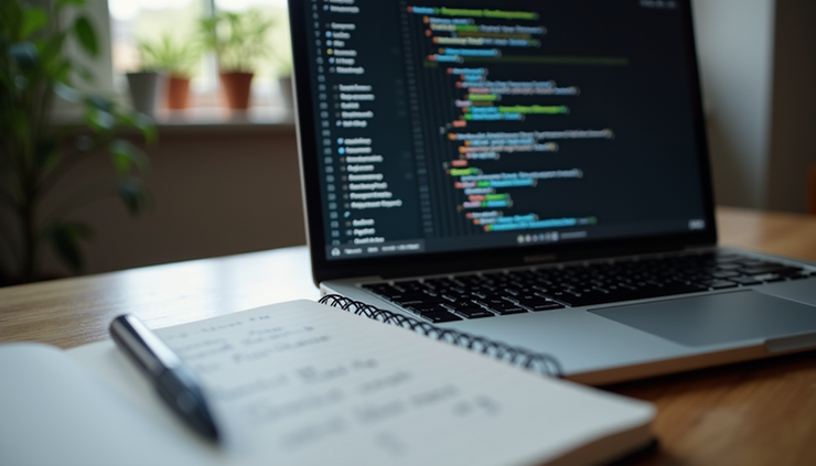 Eye-level view of a laptop screen showing AI code and a notebook with side hustle plans