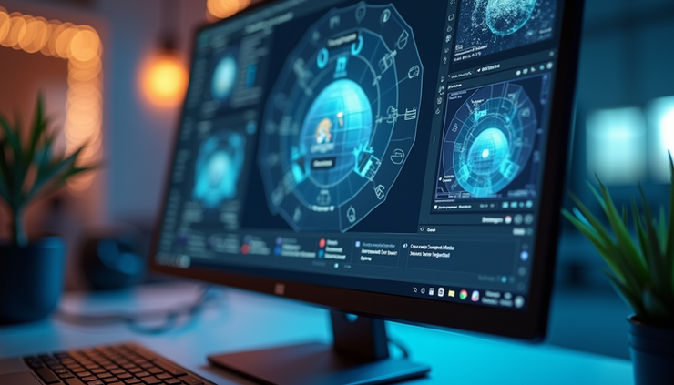 Eye-level view of a computer screen displaying AI-generated 3D animation software interface