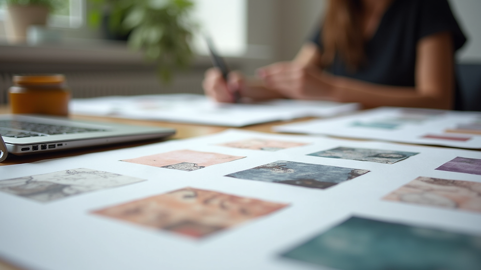 Close-up view of a designer’s desk with sketches and color swatches