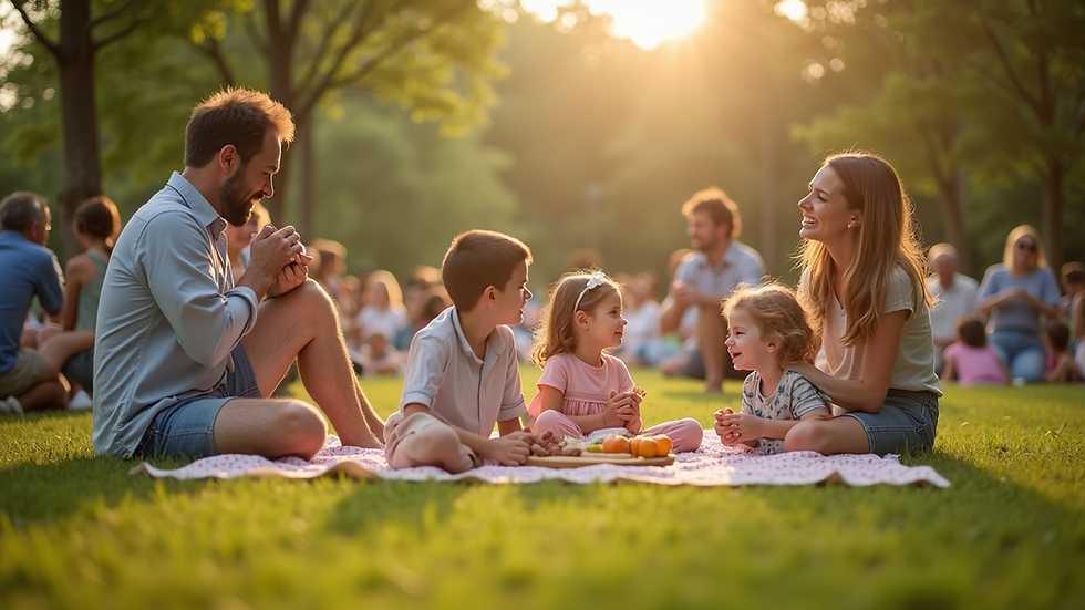 Eye-level view of a community gathering with families enjoying a picnic